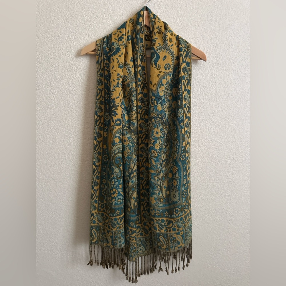 M Aboarab 100% Pashmina Shawl Gold Teal Paisley Fringe Wrap Egypt